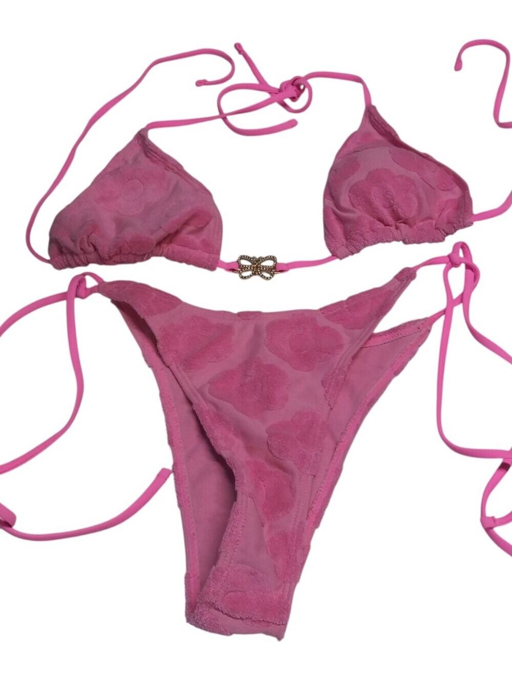 Pink Terry Cloth Tie-Strap Triangle Bikini Set with Heart Texture Size M